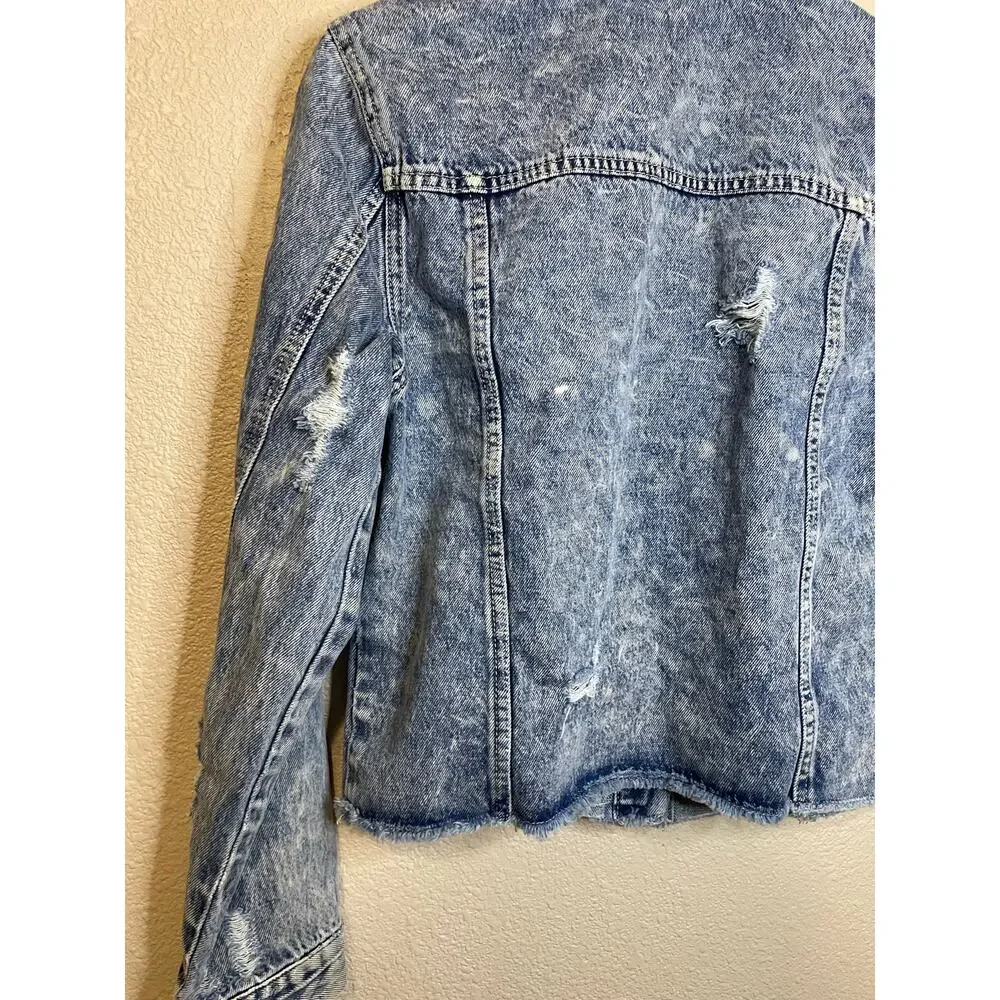 VERVET Women’s Classic Cropped Fit Distressed Cotton Denim Jacket Grunge Punk XS
